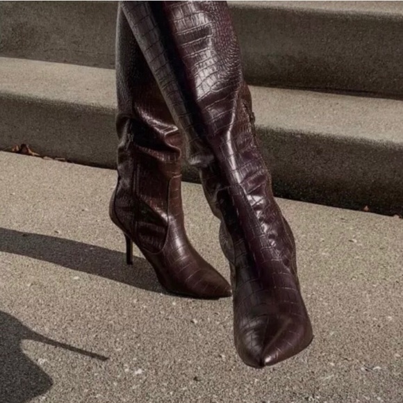 ZARA 100% LEATHER ANIMAL PRINT KNEE HIGH STILETTO BOOTS NEW & TAGS US 6.5 EUR 37 - Picture 2 of 7